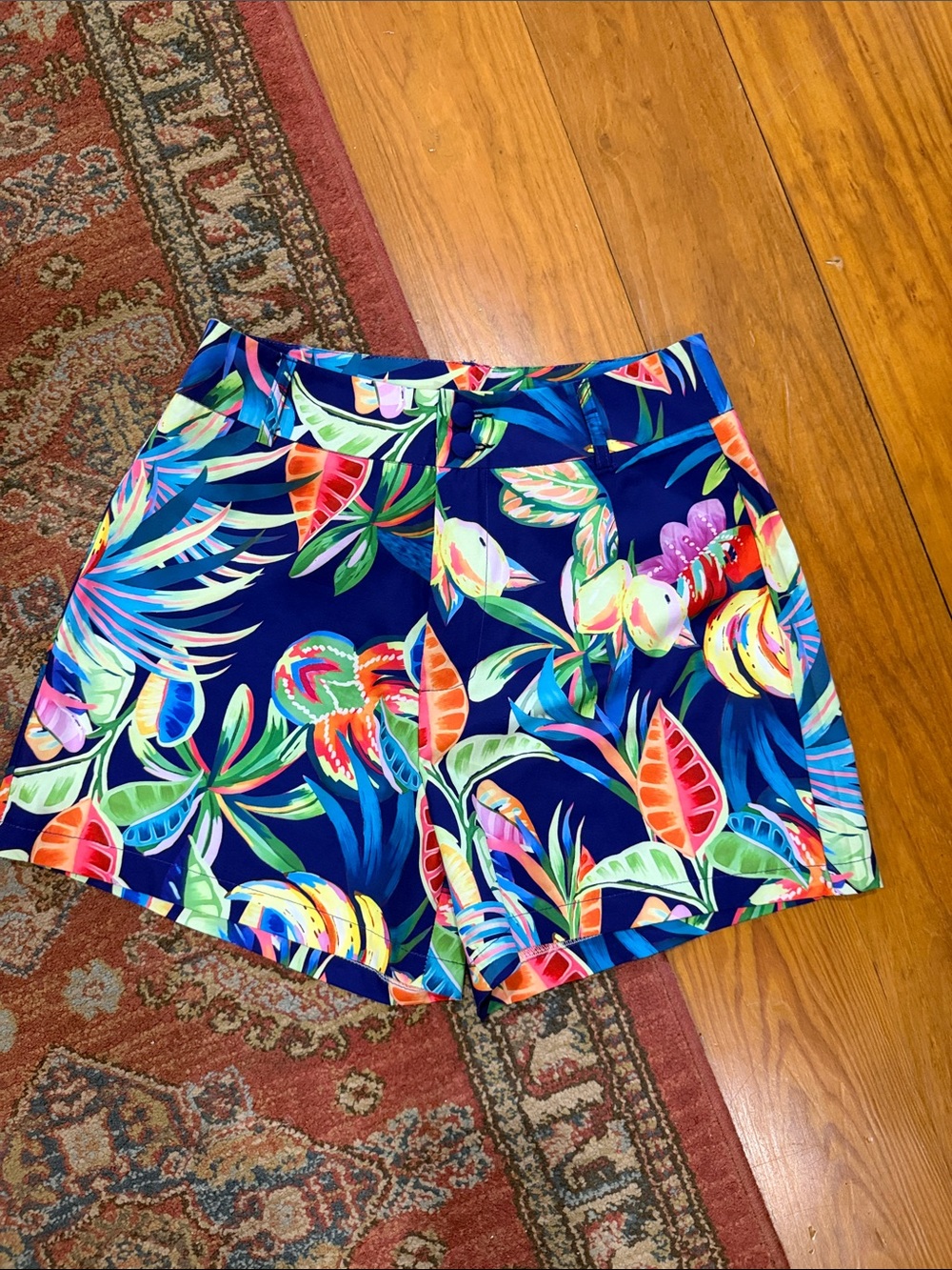 Women’s Navy Tropical Print High-Waist Shorts
